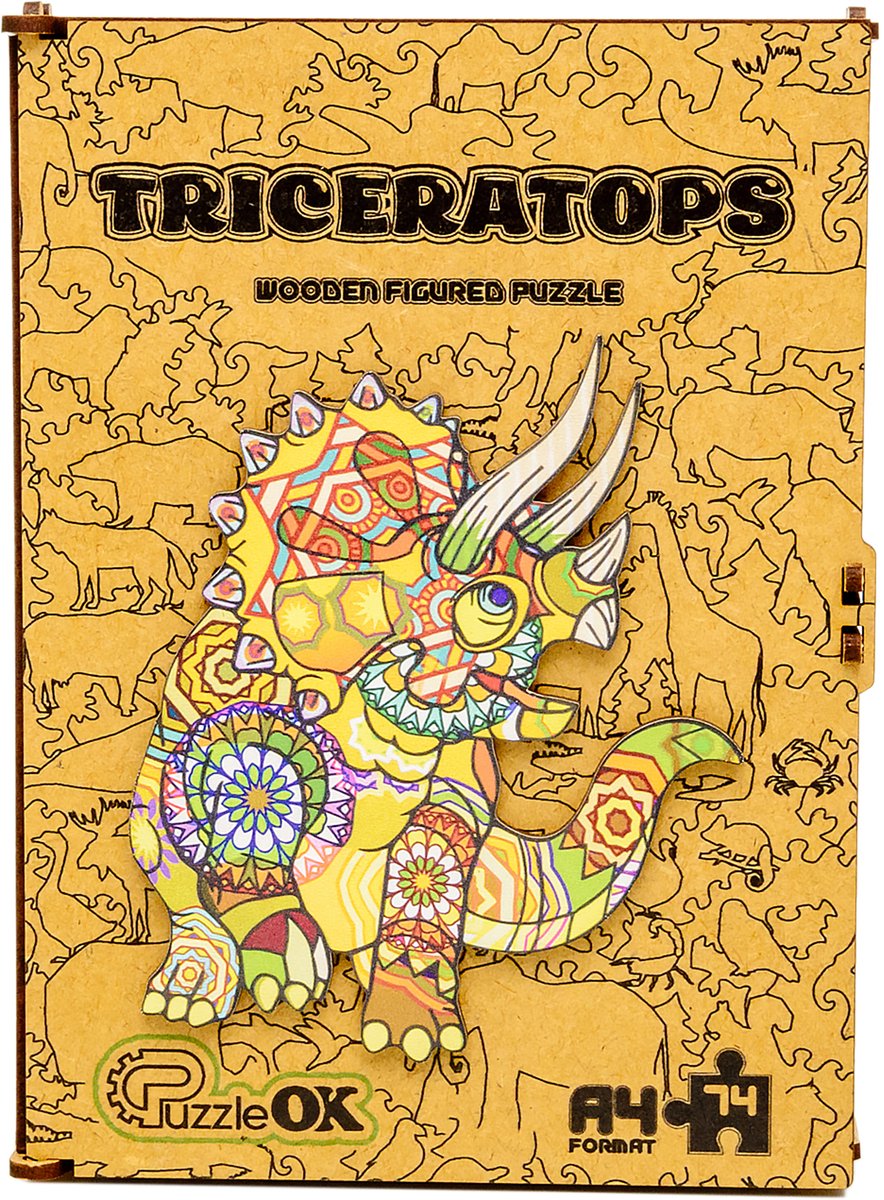 PuzzleOk Triceratops – Houten Legpuzzel – A4 – 74 Stukjes – Houten Bewaardoos