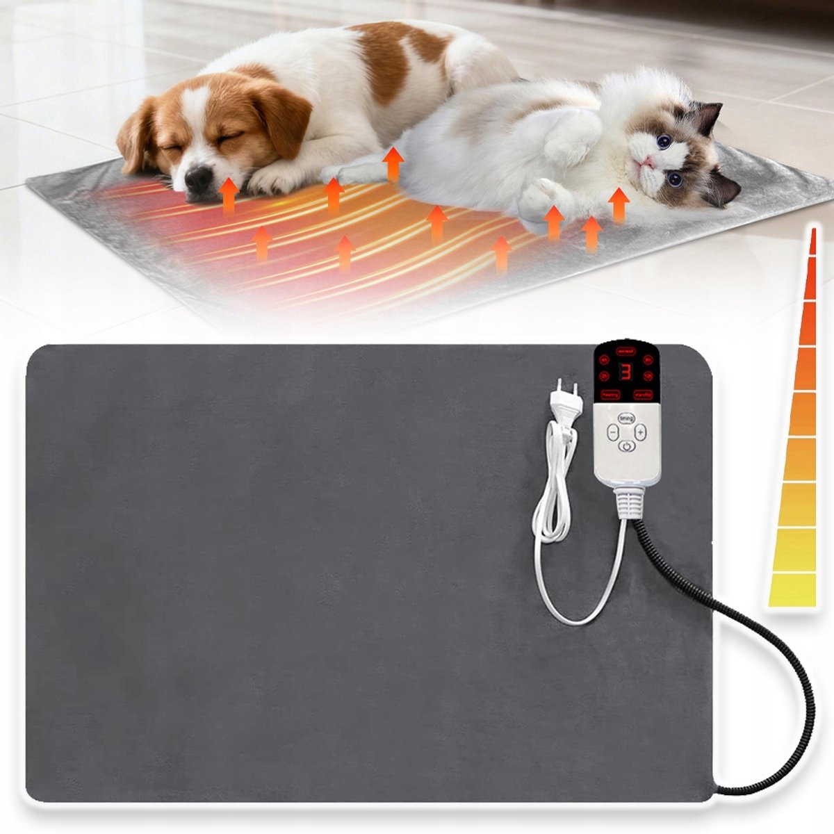 Verwarmingsdeken Voor Huisdieren – 45x70 cm Met 9 Temperatuurstanden En 4 Timers – Oververhittingssensor En 230V – Zacht En Warm Bed Voor Katten En Honden – Grijs – Kerstcadeau Voor Je Huisdier