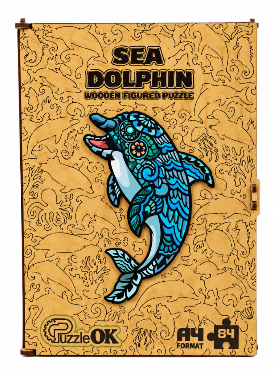 PuzzleOk Sea Dolphin – Houten Legpuzzel – A4 – 84 Stukjes – Houten Bewaardoos