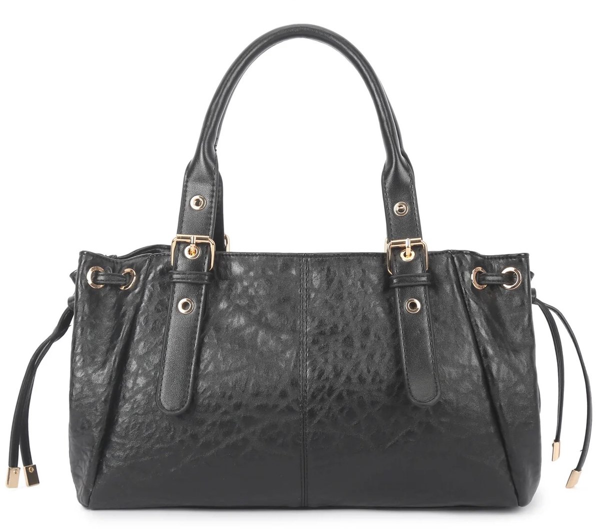 Dames Handtas - van PU Leer – 34 x 21 x 12 cm – Zwart - Kunstleren Schoudertas – Goudkleurige Details