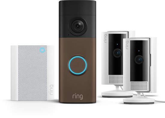 Ring deurbel met bronzen afwerking, witte Chime en twee witte binnencamera's met basis.