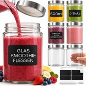 6 Stuks Glazen Mason Jars met Deksels 500ml - Lekvrije Glazen Flessen met Deksels voor Luchtdichte Afsluiting voor Smoothies, Milkshakes, Sauzen & Voedselopslag