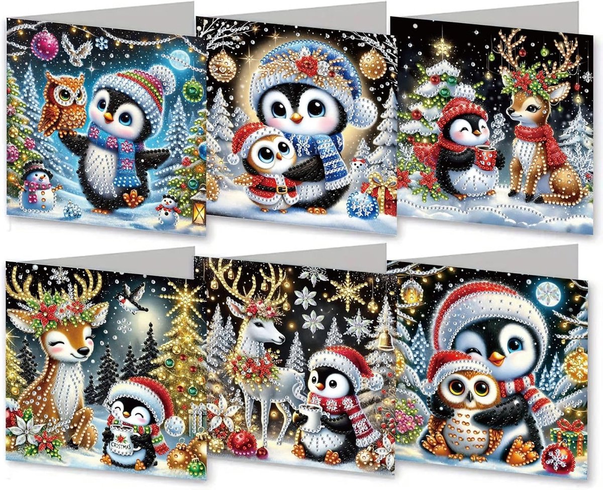 6 stuks diamond painting kerstkaarten - 15 x 15 cm - kerstkaarten met enveloppen - complete diamond painting set - kerstboom - voor kerst, verjaardagen en feestdagen