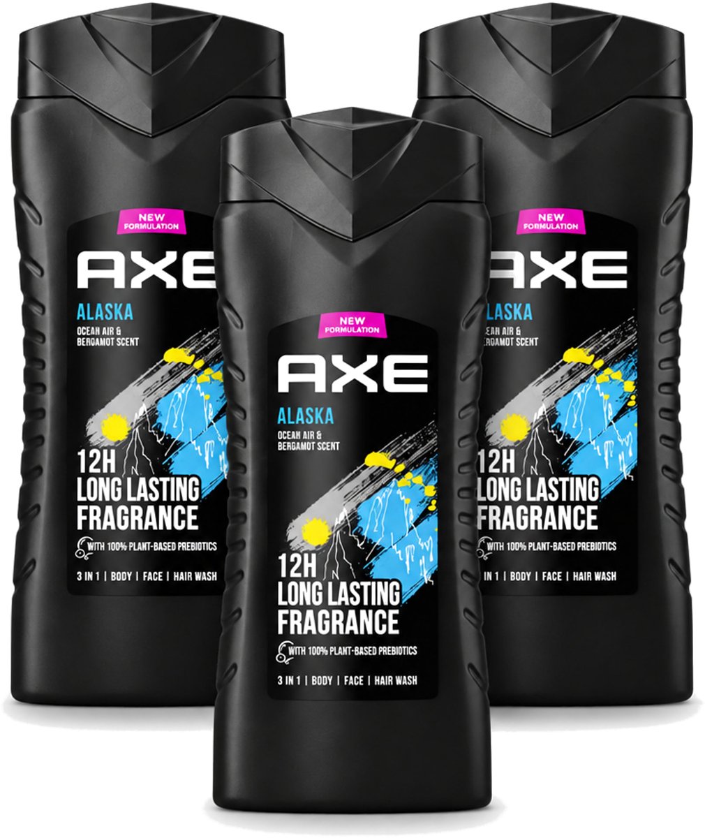 3 x Axe XL - 3-in-1 Douchegel - Alaska - Ocean Air & Bergamot - 12hrs Long Lasting Scent - 400 ml - Voordeelverpakking - 3 stuks