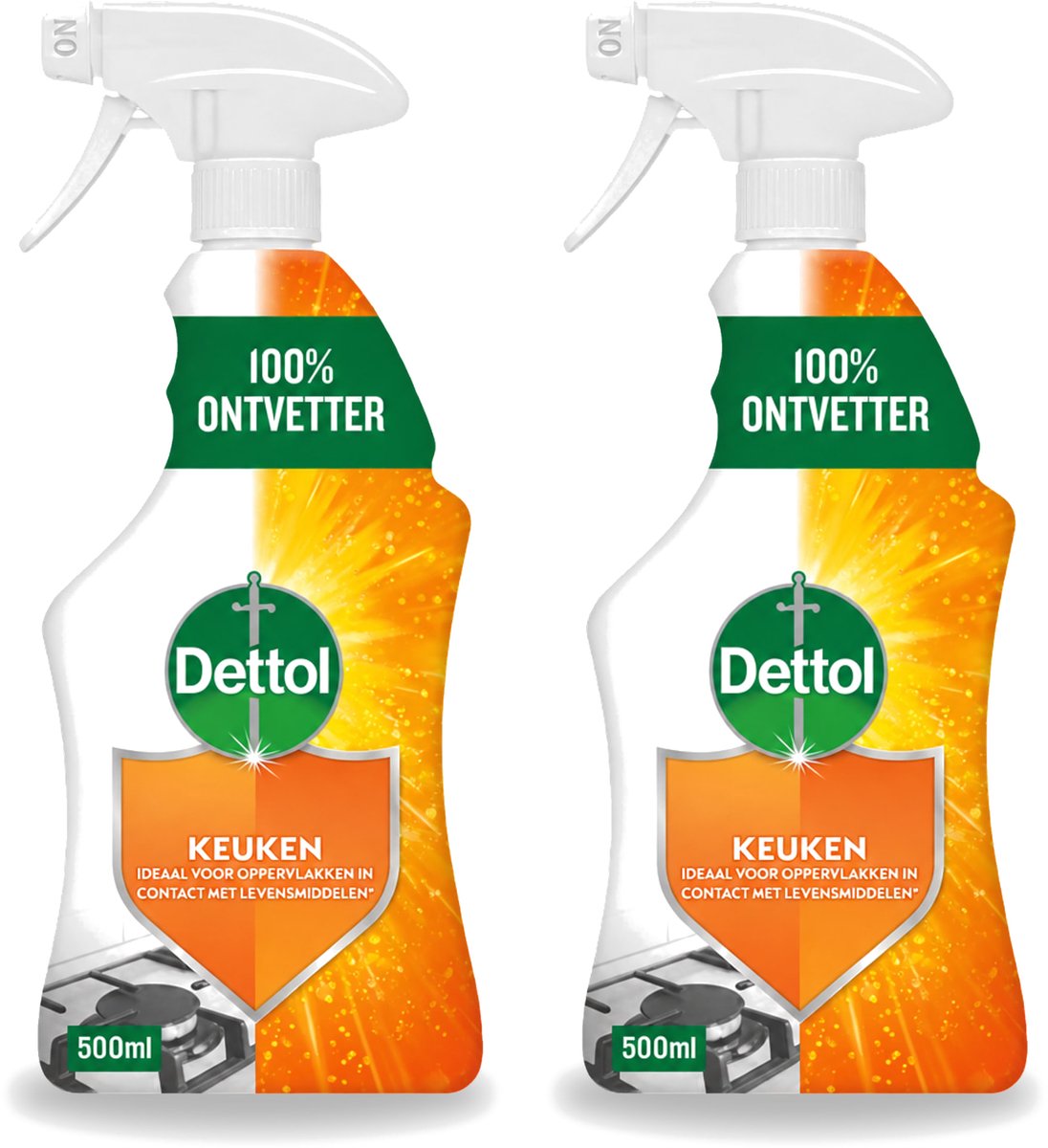 2 x Dettol - Allesreiniger - Spray - Power Keuken - 100% Ontvetter - 500ml - Bulkverpakking - 2 stuks