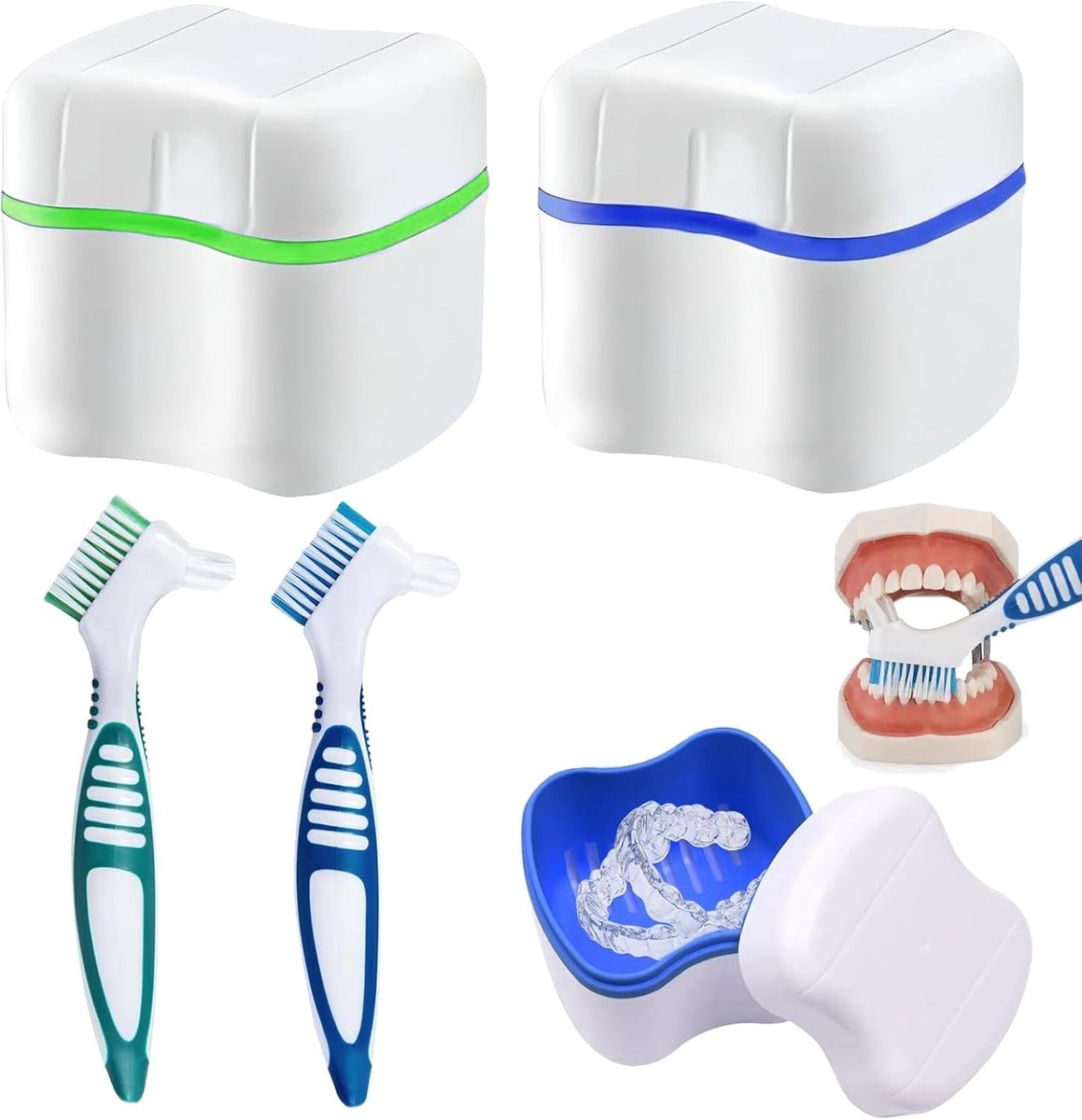 Denture reinigingsset met 2 prothesendozen en 2 tandenborstels voor optimale mondhygiëne