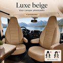 Luxe beige stoelhoezen voor camper pilotenstoelen met armsteunen, inclusief overzicht van niet-compatibele types.