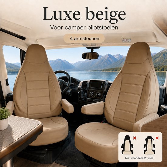 Luxe beige stoelhoezen voor camper pilotenstoelen met armsteunen, inclusief overzicht van niet-compatibele types.