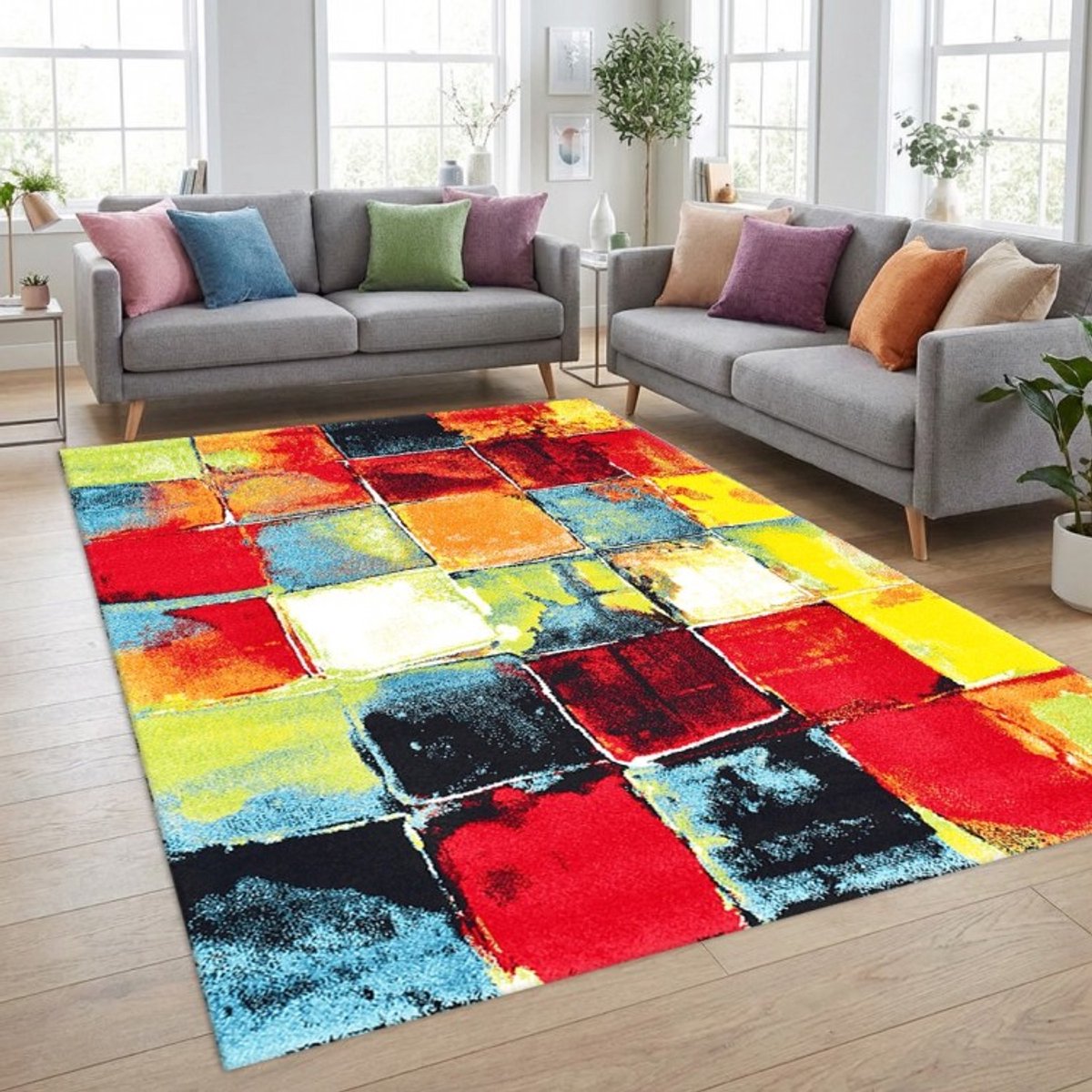 TapisTrend Designer tapijt Multicolor 80x150 cm Veelkleurig abstract geometrisch vloerkleed met grote blokken en een geschilderd effect