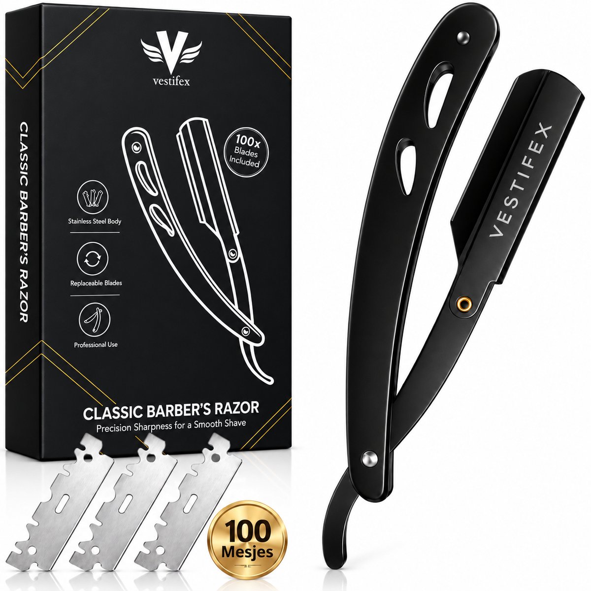 Vestifex® Professionele Barbiersmes met 100 Mesjes - Shavette Open Scheermes - Straight Safety Razor - Klassiek Kappersmes