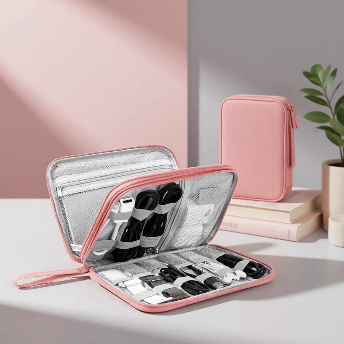 BILMU Waterdichte Opbergtas voor Elektronica Accessoires - Grote Capaciteit, Schokbestendig, Dubbellaags, Draagbare Organizer, 21 x 12,5 x 6 cm, Roze