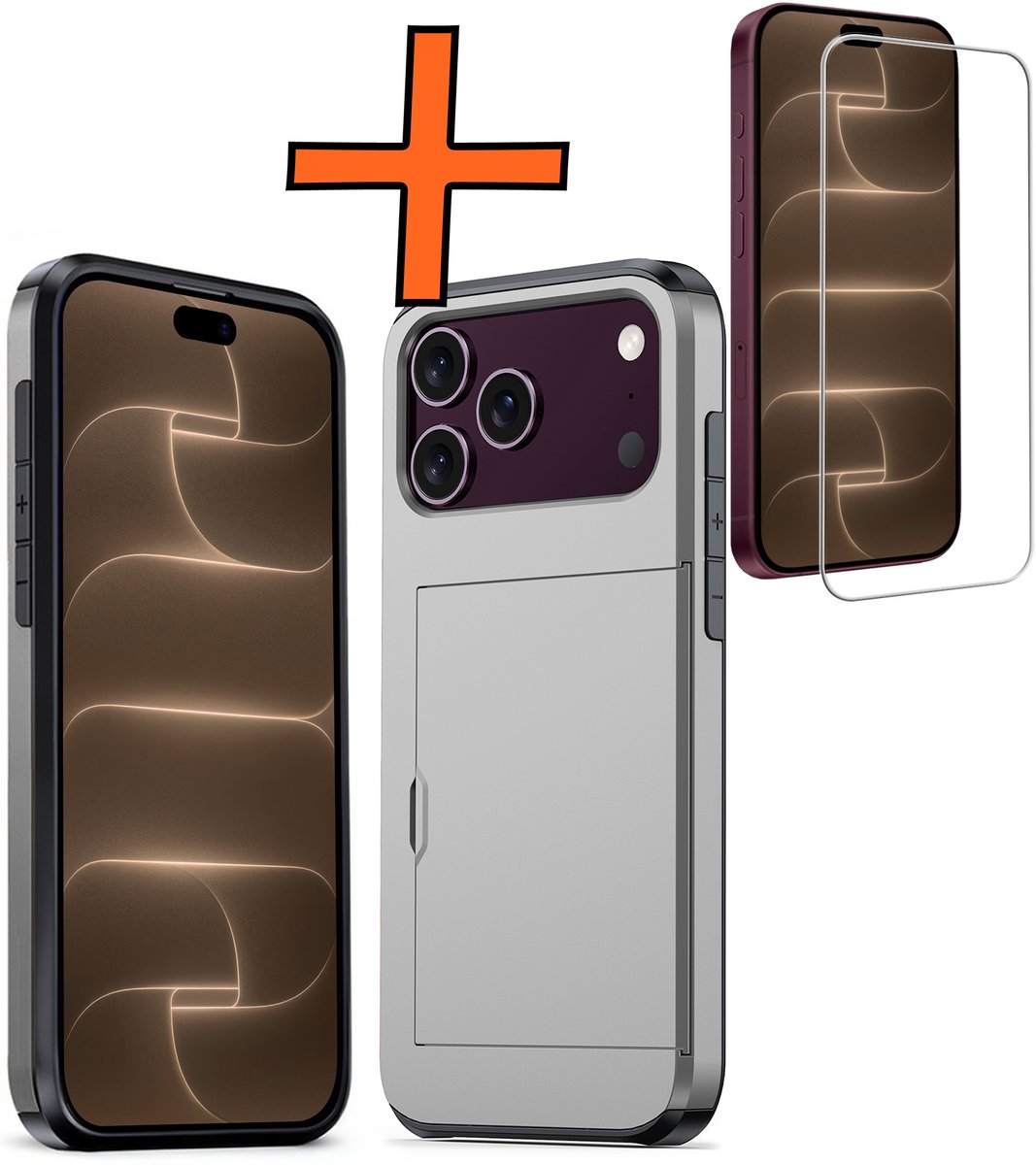 Hoesje Geschikt voor iPhone 18 Pro Max Hoesje Pasjeshouder Shockproof Hard Case Met Screenprotector - Hoesje Geschikt voor iPhone 18 Pro Max Hoes Met Kaarthouder - Grijs