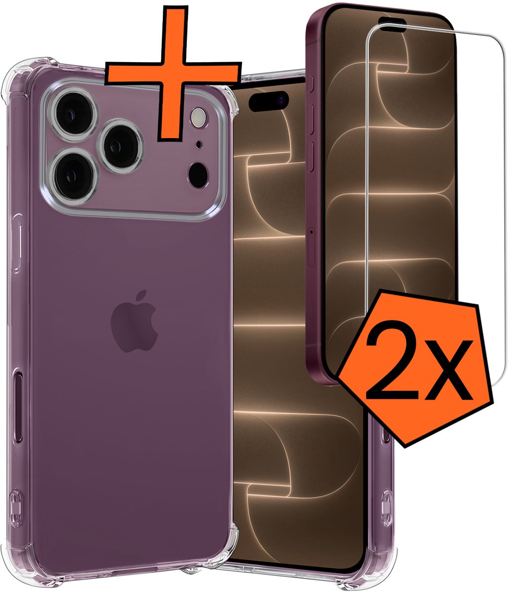 Hoes - Met Screenprotector - 2 Stuks - Geschikt voor Apple iPhone 18 Pro - Sterk & Shockproof - Siliconen Case - Back Cover - Telefoon Hoes - Shock Proof - Transparant