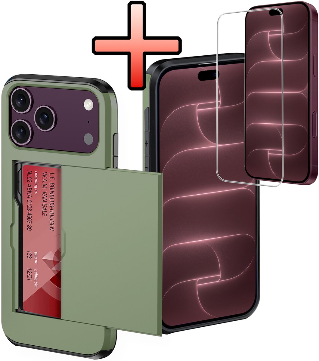 Hoes Geschikt voor iPhone 18 Pro Hoesje Pasjeshouder Hard Cover Met Screenprotector Shock Proof Hard Case Hoes Met Kaarthouder - Donkergroen