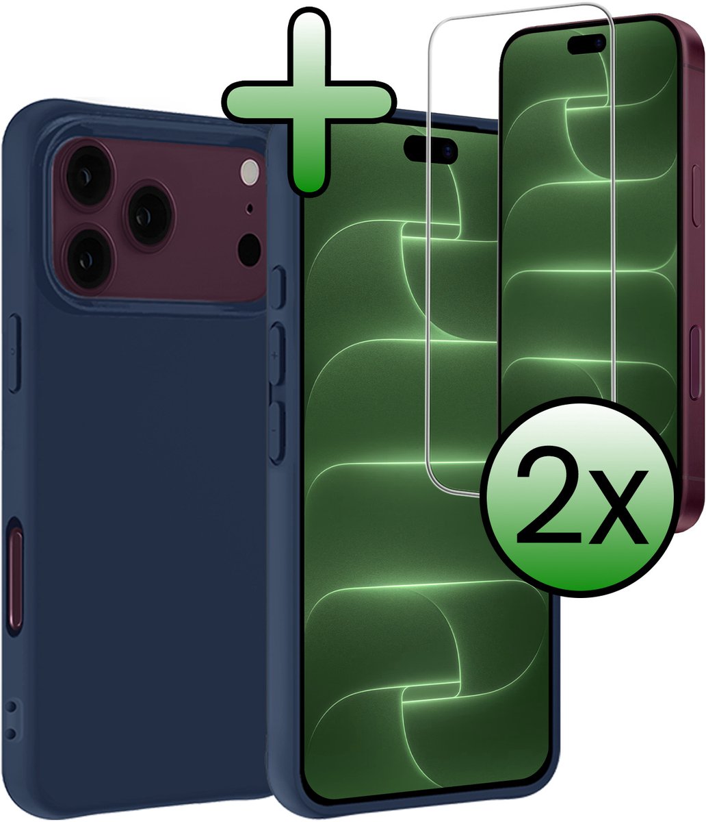 Hoesje Met 2x Screenprotector - Geschikt voor Apple iPhone 18 Pro Max - Sterk & Shockproof - Back Cover - Siliconen Case - Telefoon Hoes - Donkerblauw