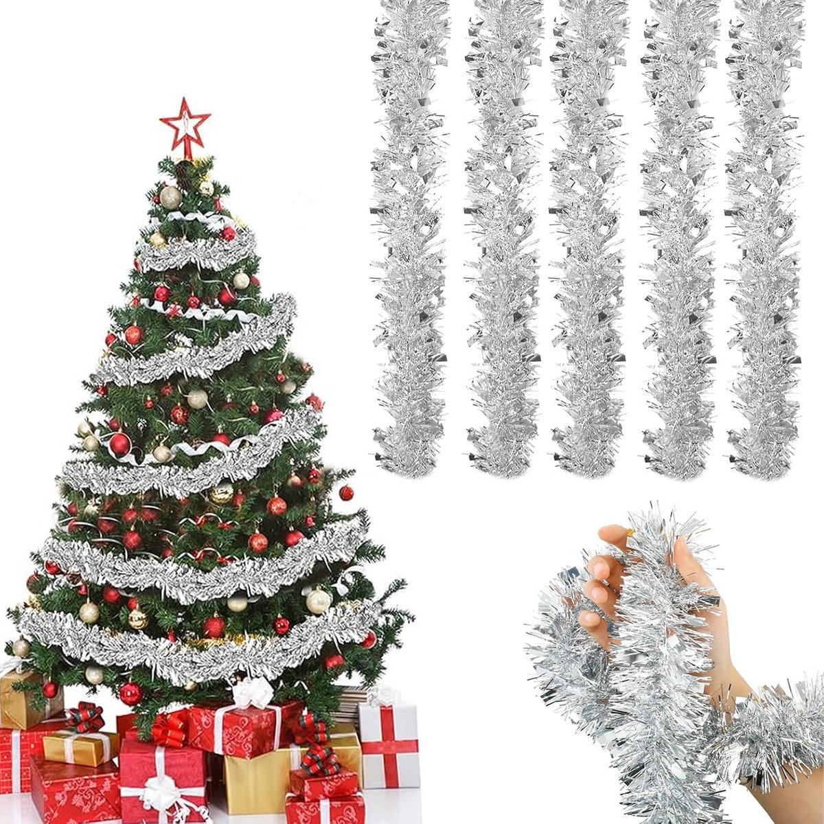 Garland for Christmas Tree Lametta 5 x 2 m Lametta Silver Christmas Decoration Metal Tinter Bag Garlands for Doors - ShopVlot