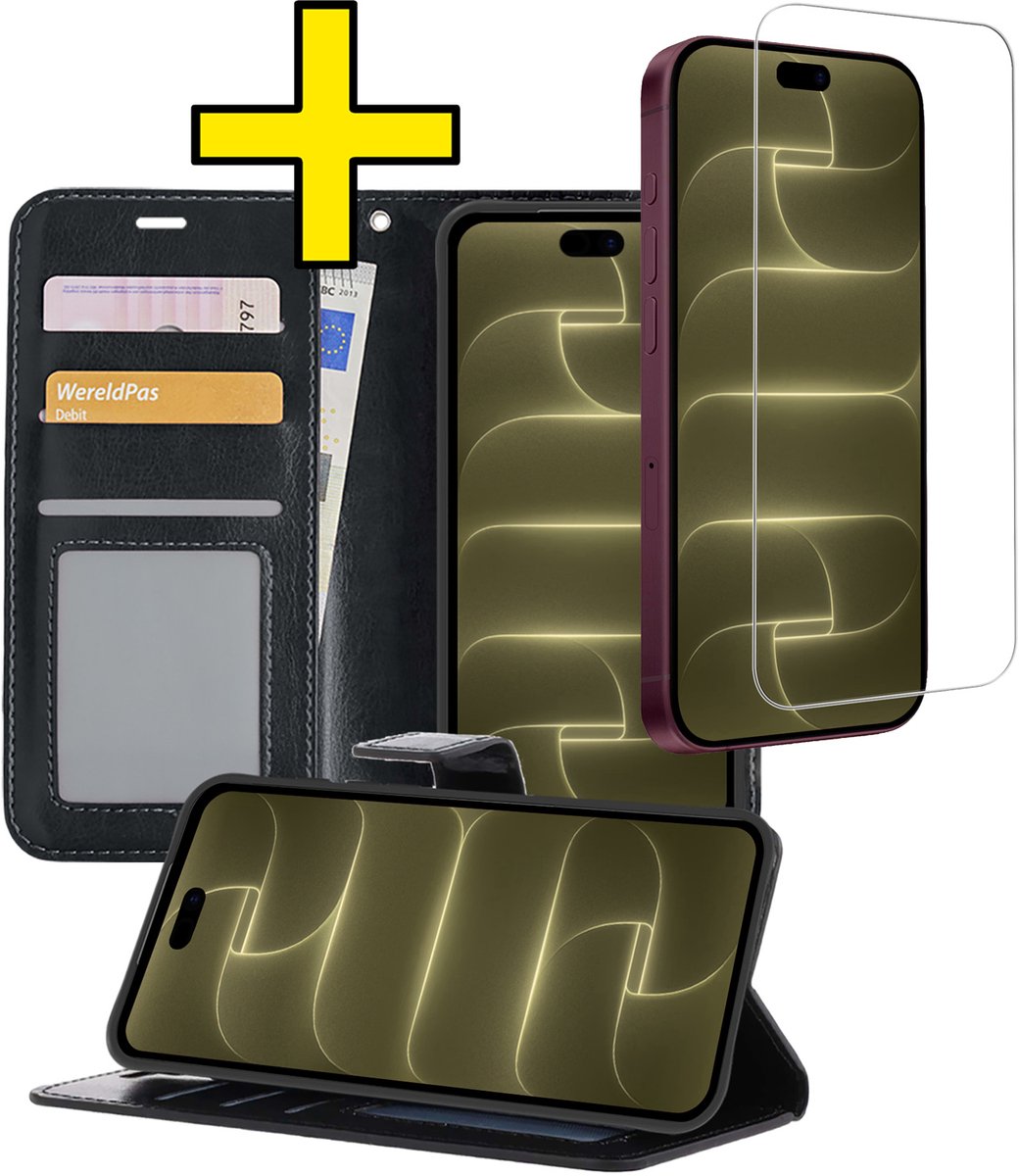 Hoesje - Met Screenprotector - Geschikt voor Apple iPhone 18 Pro - Luxe Pasjeshouder - Bookcase Portemonee - Flip Case - Kunstleer Book Case - Flipcase - Book Cover - Walletcase - Portemonneehoes - Telefoonhoesjes - Zwart