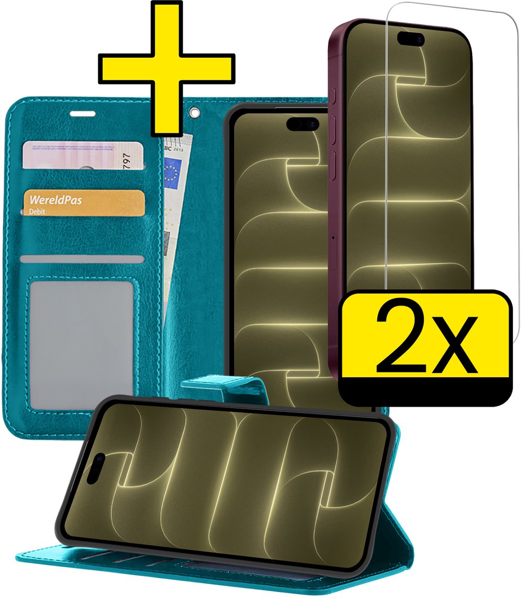 Hoesje - Met 2x Screenprotector - Geschikt voor Apple iPhone 18 Pro Max - Luxe Pasjeshouder - Bookcase Portemonee - Flip Case - Kunstleer Book Case - Flipcase Hoes - Book Cover - Walletcase - Portemonneehoes - Telefoonhoesjes - Turquoise