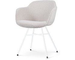 Nolon Noa-Mare Eetkamerstoel Bouclé Beige - met Armleuning - Stof - Witte Poten - Modern - Industrieel