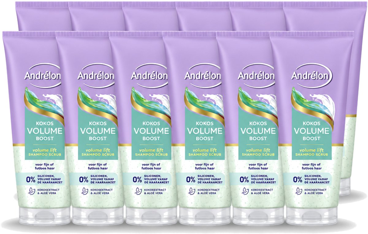 12 x Andrélon – Shampoo Scrub – Kokos Volume Boost – 200 ml - Voordeelverpakking - 12 stuks