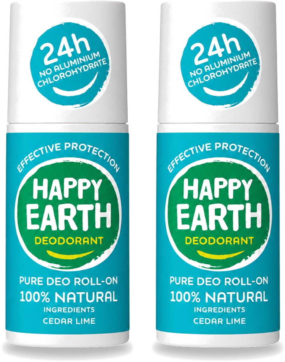 2 x Happy Earth – Deodorant Roll-On – 100% Natuurlijk Cedar Lime – 75 ml - Voordeelverpakking - 2 stuks