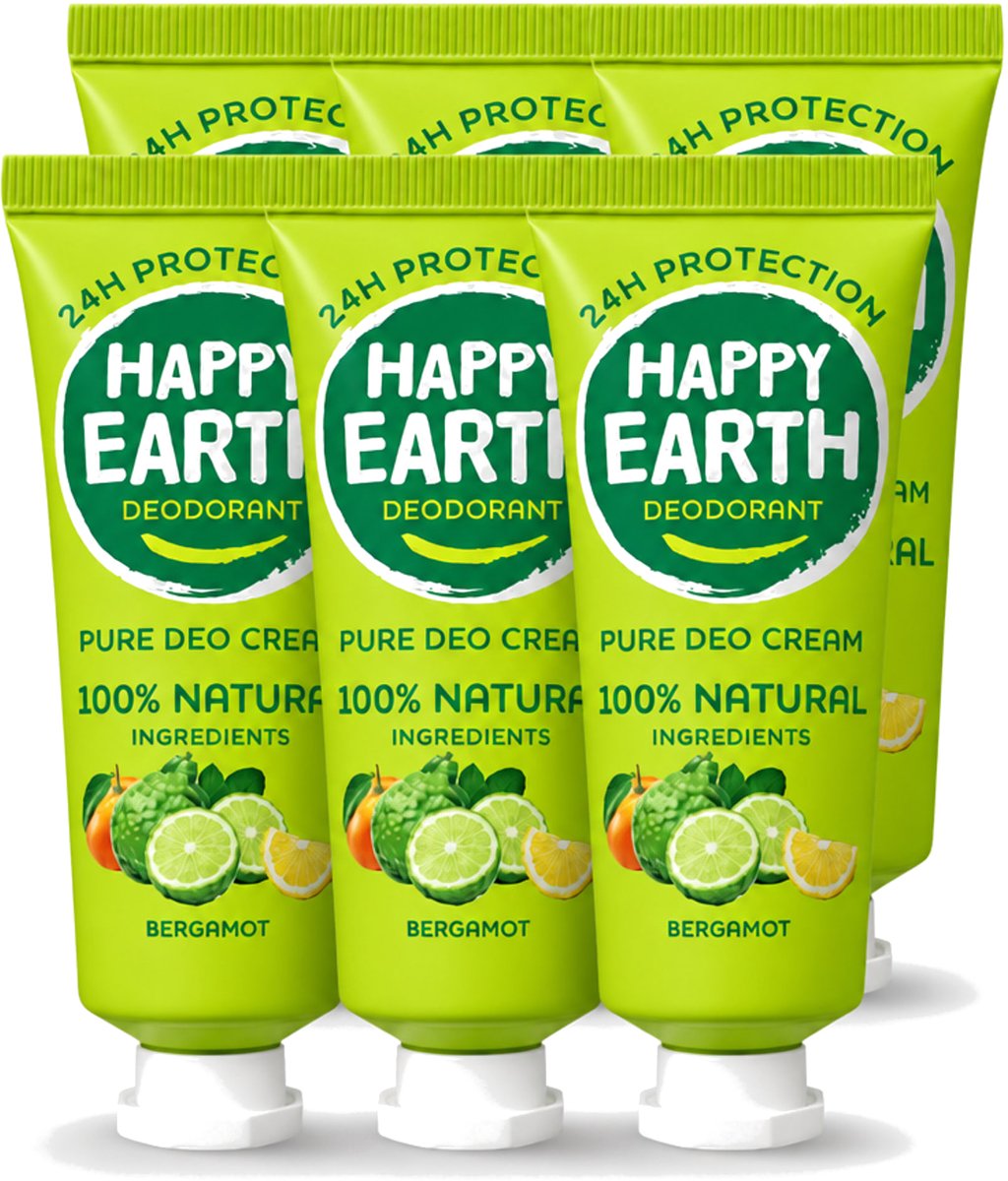 6 x Happy Earth – Deodorant Cream – 100% Natuurlijk Bergamot – 40 ml - Voordeelverpakking - 6 stuks