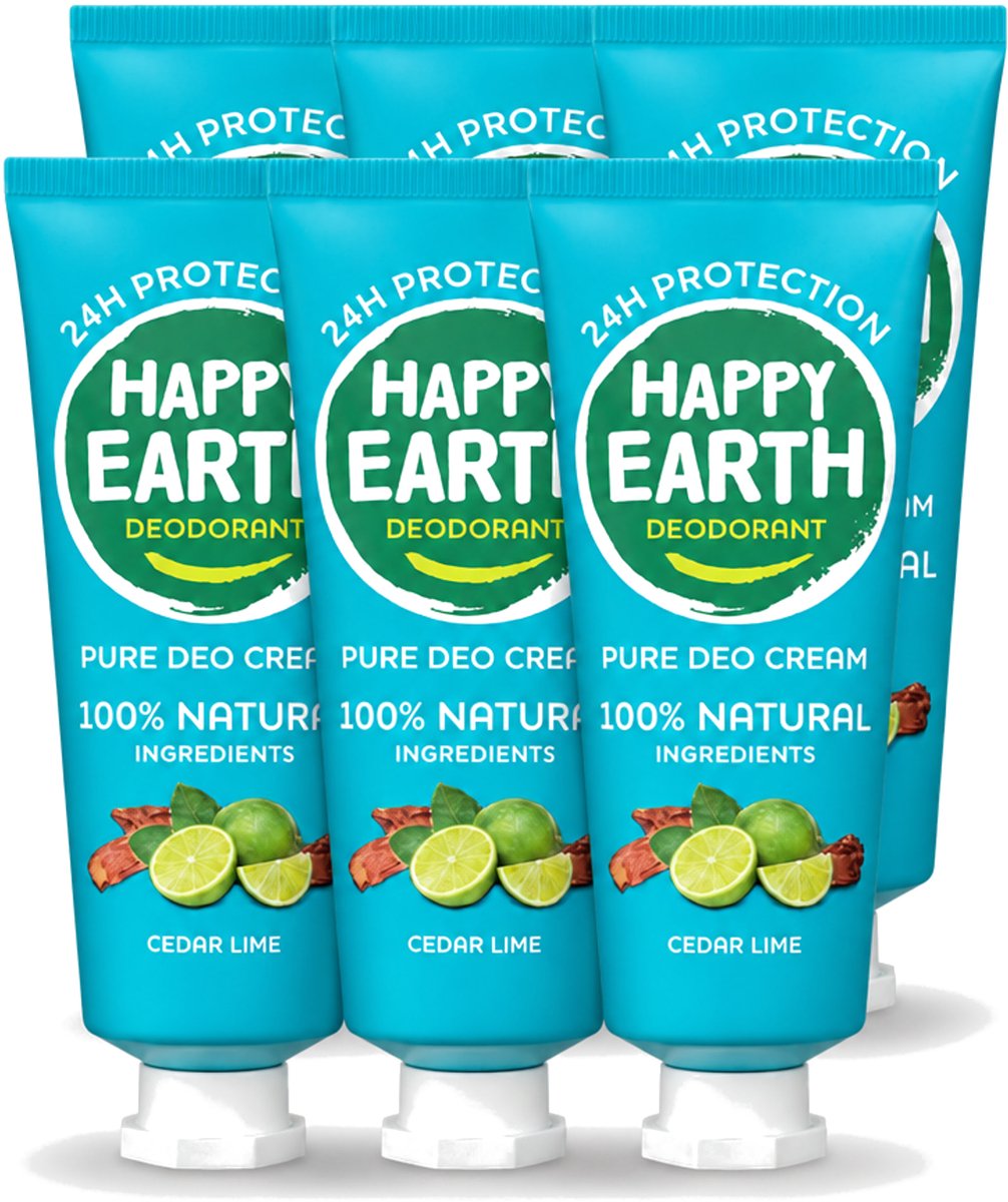 6 x Happy Earth – Deodorant Cream – 100% Natuurlijk Cedar Lime – 40 ml - Voordeelverpakking - 6 stuks