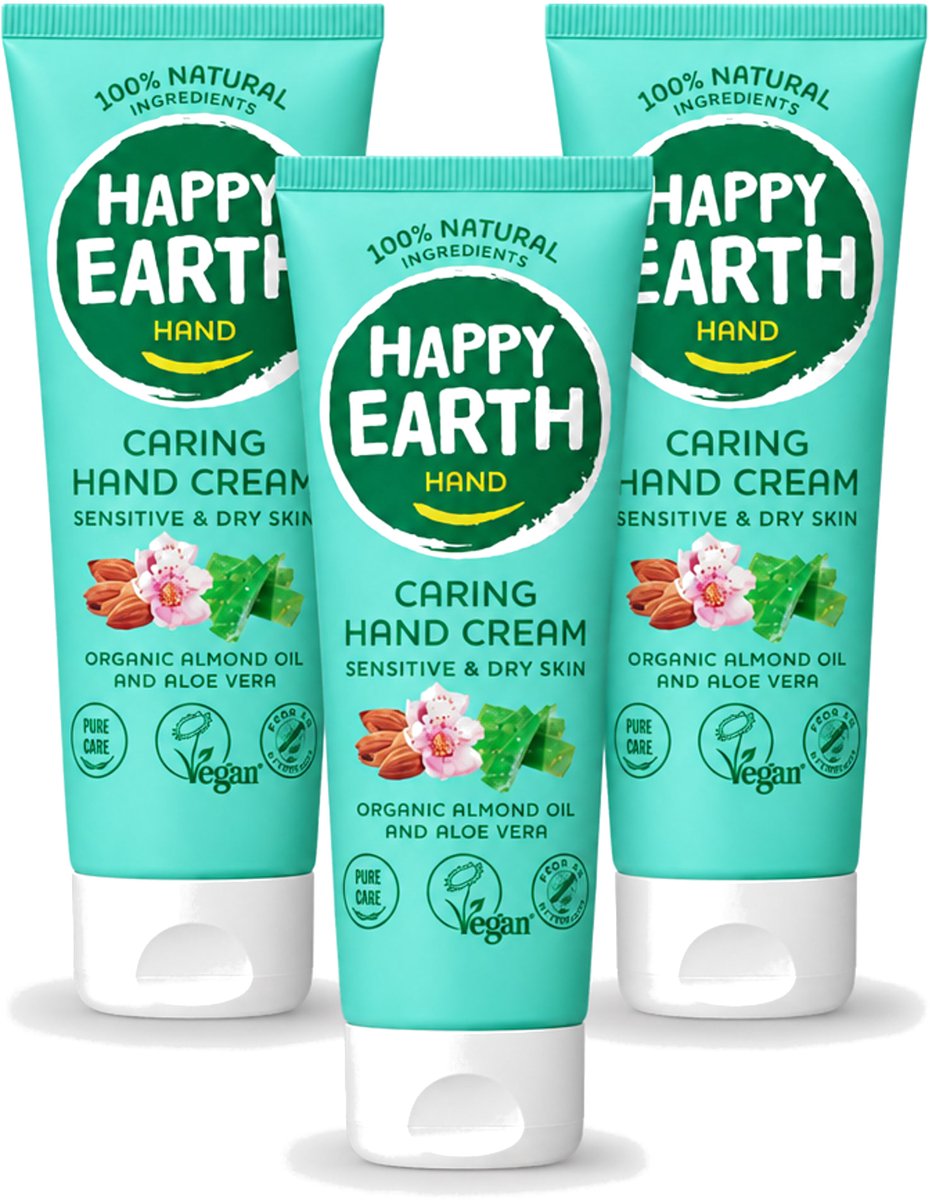 3 x Happy Earth – Handcrème – 100% Natuurlijk – 75 ml - Voordeelverpakking - 3 stuks