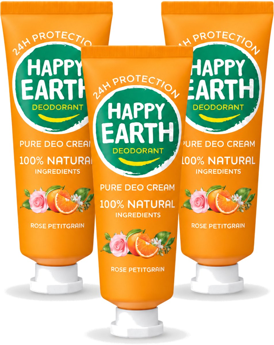 3 x Happy Earth – Deodorant Cream – 100% Natuurlijk Rose Petitgrain – 40 ml - Voordeelverpakking - 3 stuks