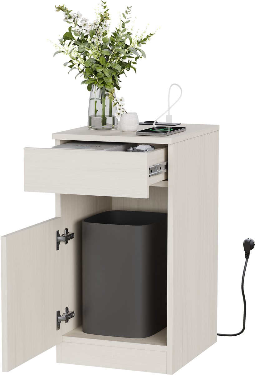 Ropilly Nachtkastje met oplaadstation - Slaapkamerkastje met USB en stopcontact - MDF - Wit - 33x40x61,5 cm