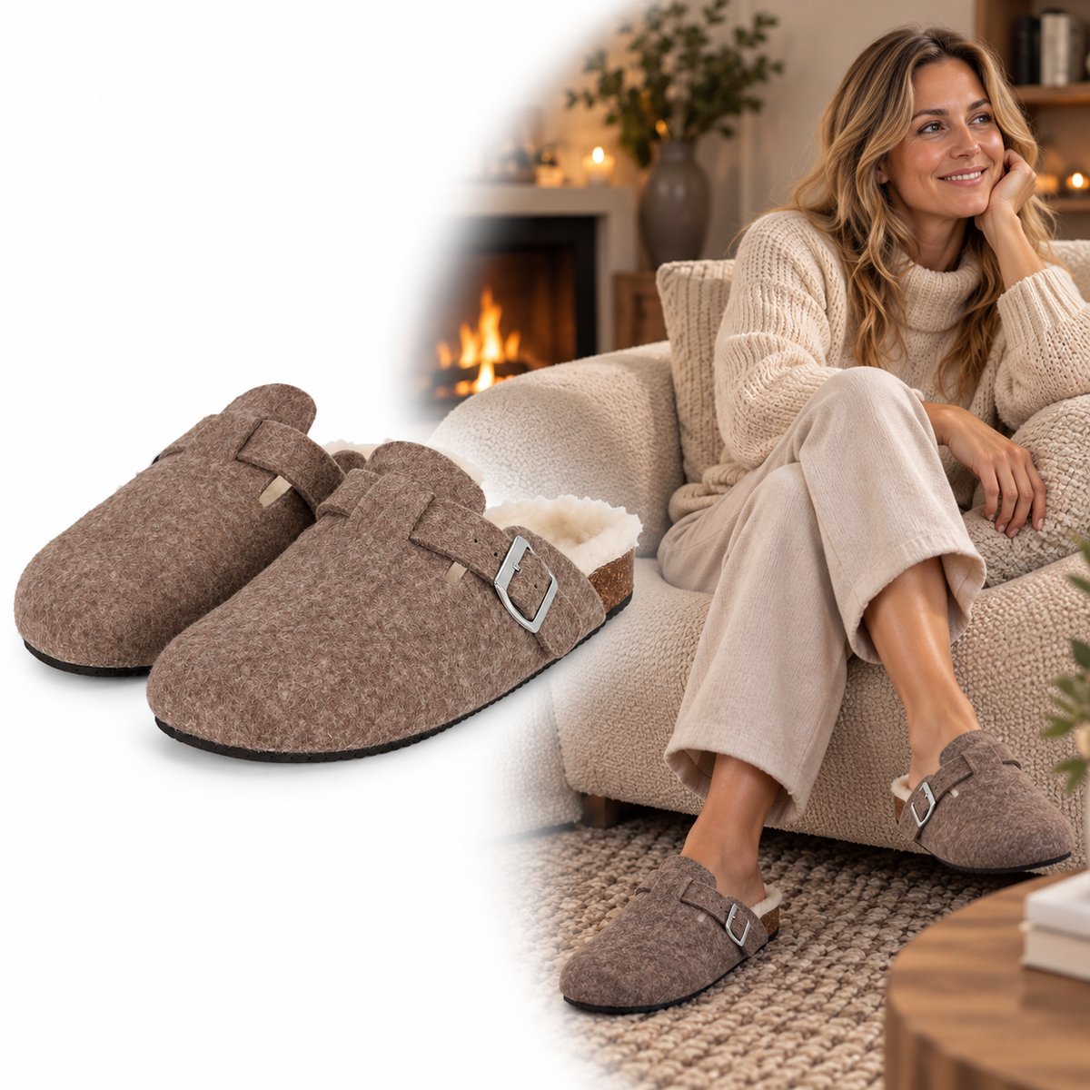 Heat Essentials - Sloffen Dames - Vilt - Gesp - Taupe - Maat 41 42 - Pantoffels Dames -Instap Sloffen Dames - Boston Sloffen