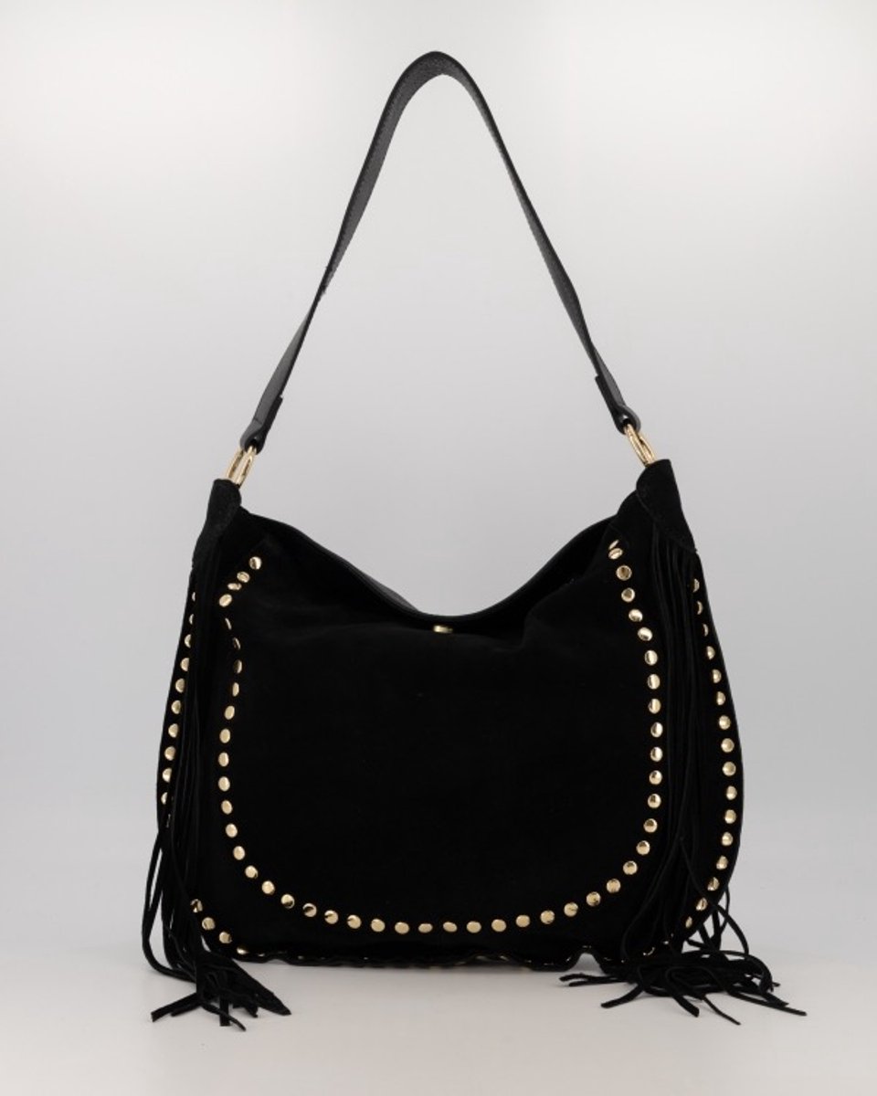 Damestas - Coacha - Zwart - Suede - 41cm x36cm - Hobotas - Echt leer - Studs - Franjes - Rits en vakken