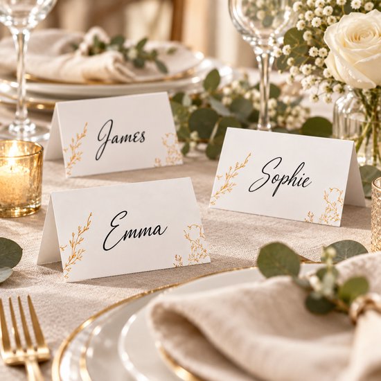 Tafelsetting met naamkaartjes James, Sophie en Emma met gouden takjes, bloemen en kaarsen.