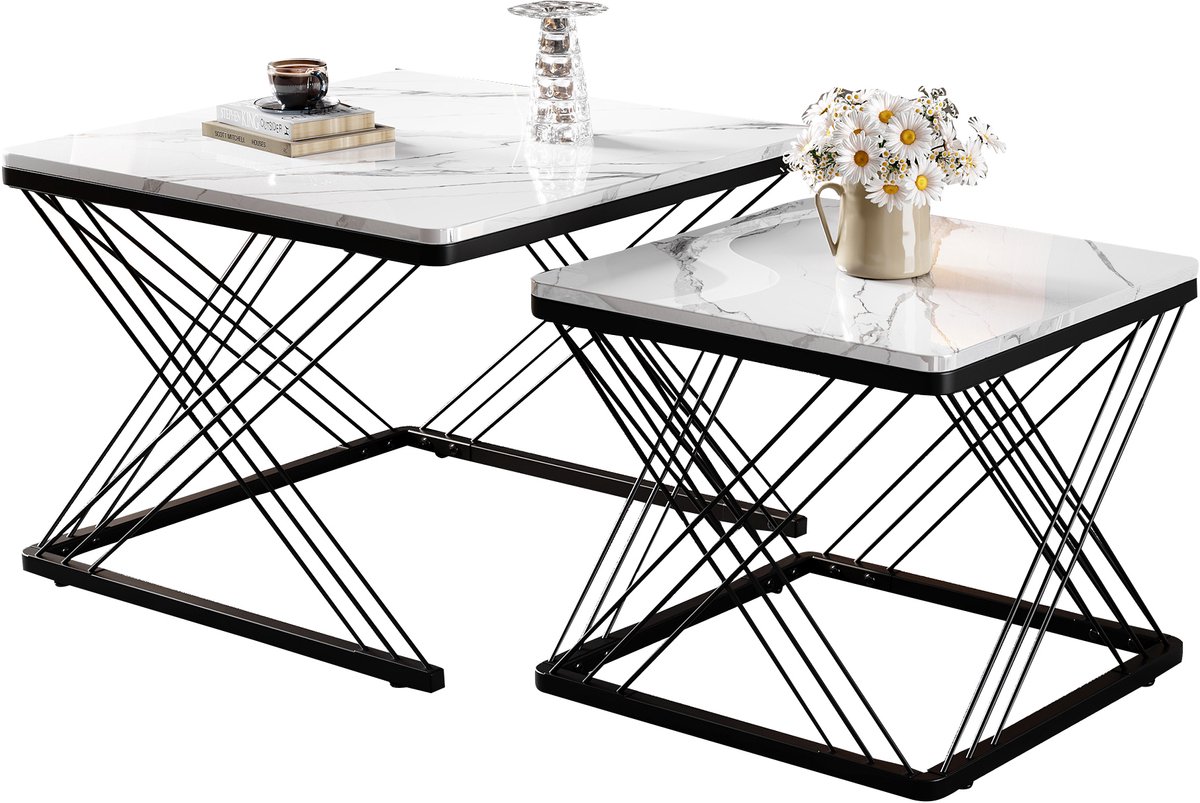 MUVANO Salontafel set van 2 - Vierkante salontafel - Hoogglans marmerlook - Witte mdf salontafel - 60x60x45 cm - Verstelbare poten - Woonkamer Wit