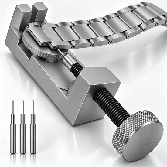 Zilverkleurig horlogeband inkorter gereedschap met metalen horlogeband en drie reservepinnen.
