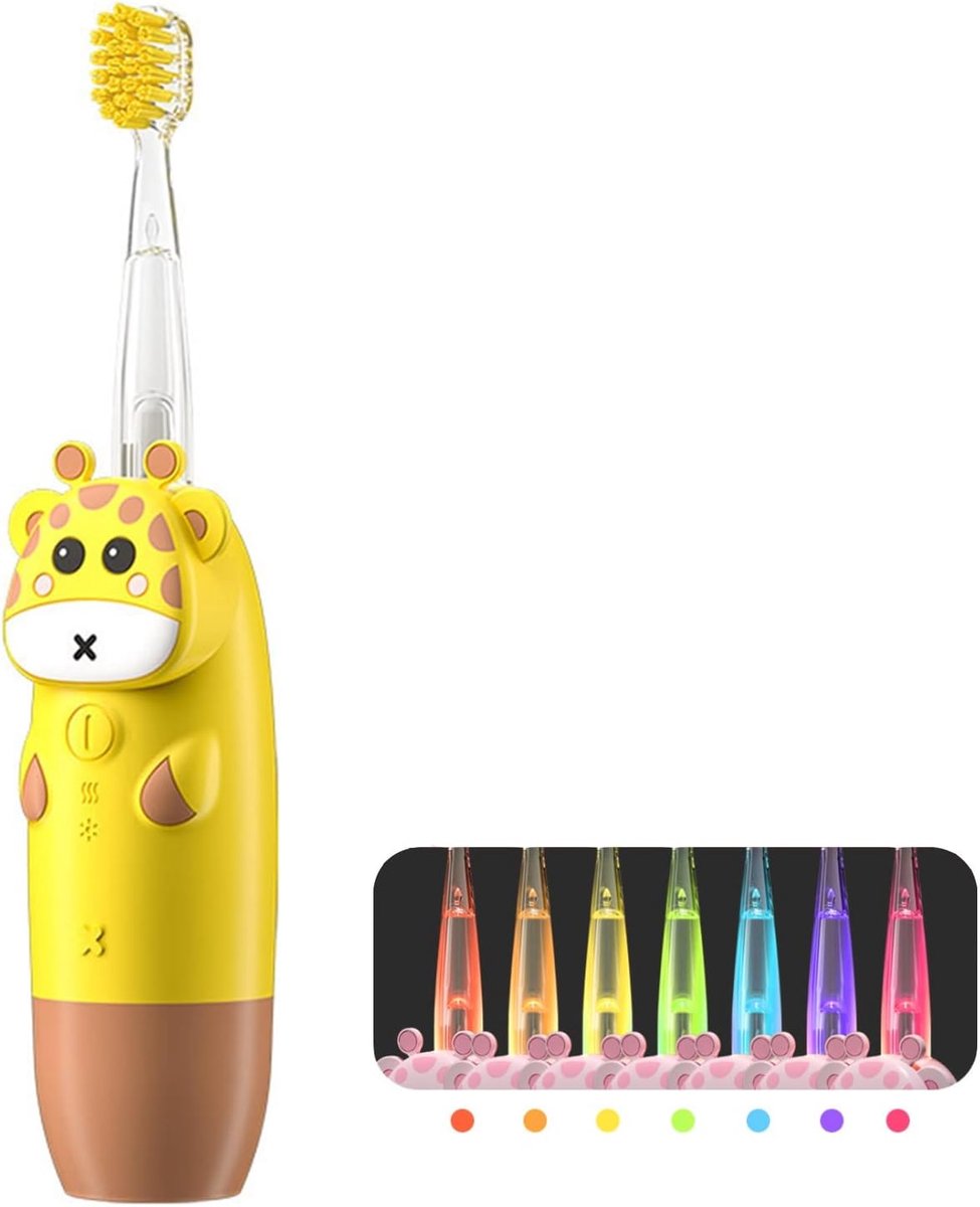 Rayofi Elektrische Kindertandenborstel – Sonisch - met drie snelheden – Geschikt voor kinderen vanaf 3 jaar – Met Timer – Oplaadbaar – Extra Zachte Borstel – 5 Opzetborstels – Geel