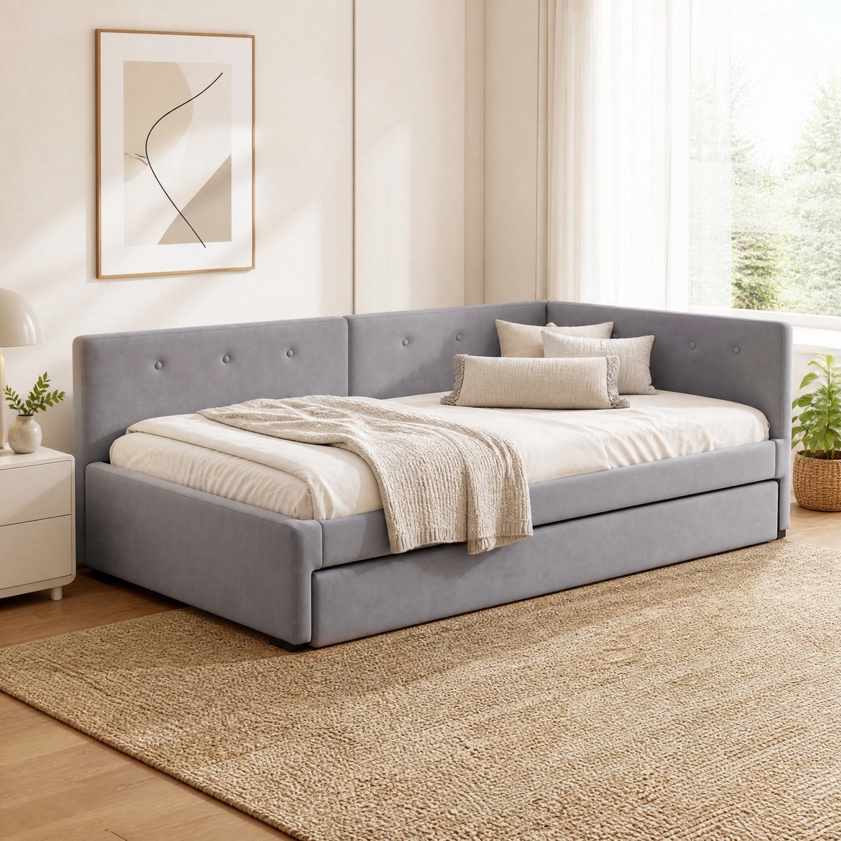 WUVRIE Slaapbank 90x200 cm met uitschuifbaar logeerbed, lattenbodem en hoofdbord, grijs