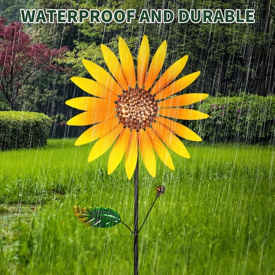 Set van 2 metalen zonnebloem windmolens, 37 x 25 cm, weerbestendige tuinversiering voor balkon, terras en tuin — afbeelding 3