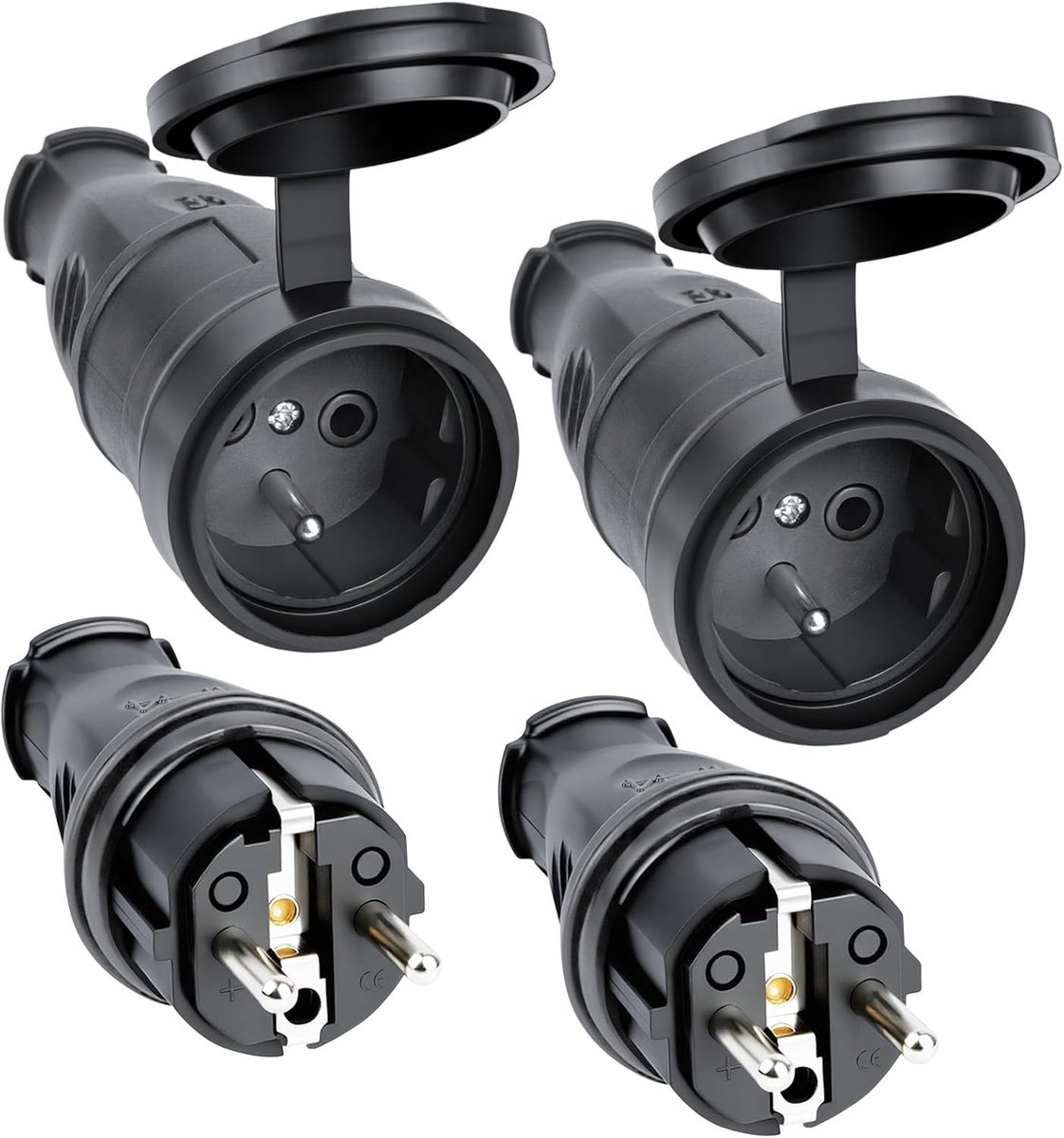 SnelShoppen - Dubbele Stekker met Stekkerbus 250V 16A | Waterdicht IP44 | Inbouwstopcontact voor Binnen en Buiten | Zwart Rubber | Ideaal voor Camping