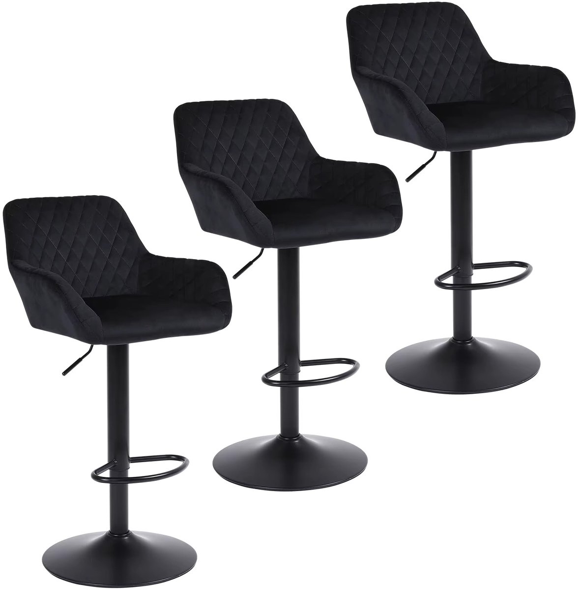 Whoopr® Barkrukken Set van 3 – Zwarte Fluwelen Barstoelen met Armleuningen & Rugleuning – In Hoogte Verstelbaar en Draaibaar – Met Voetsteun – Draagvermogen 150 kg