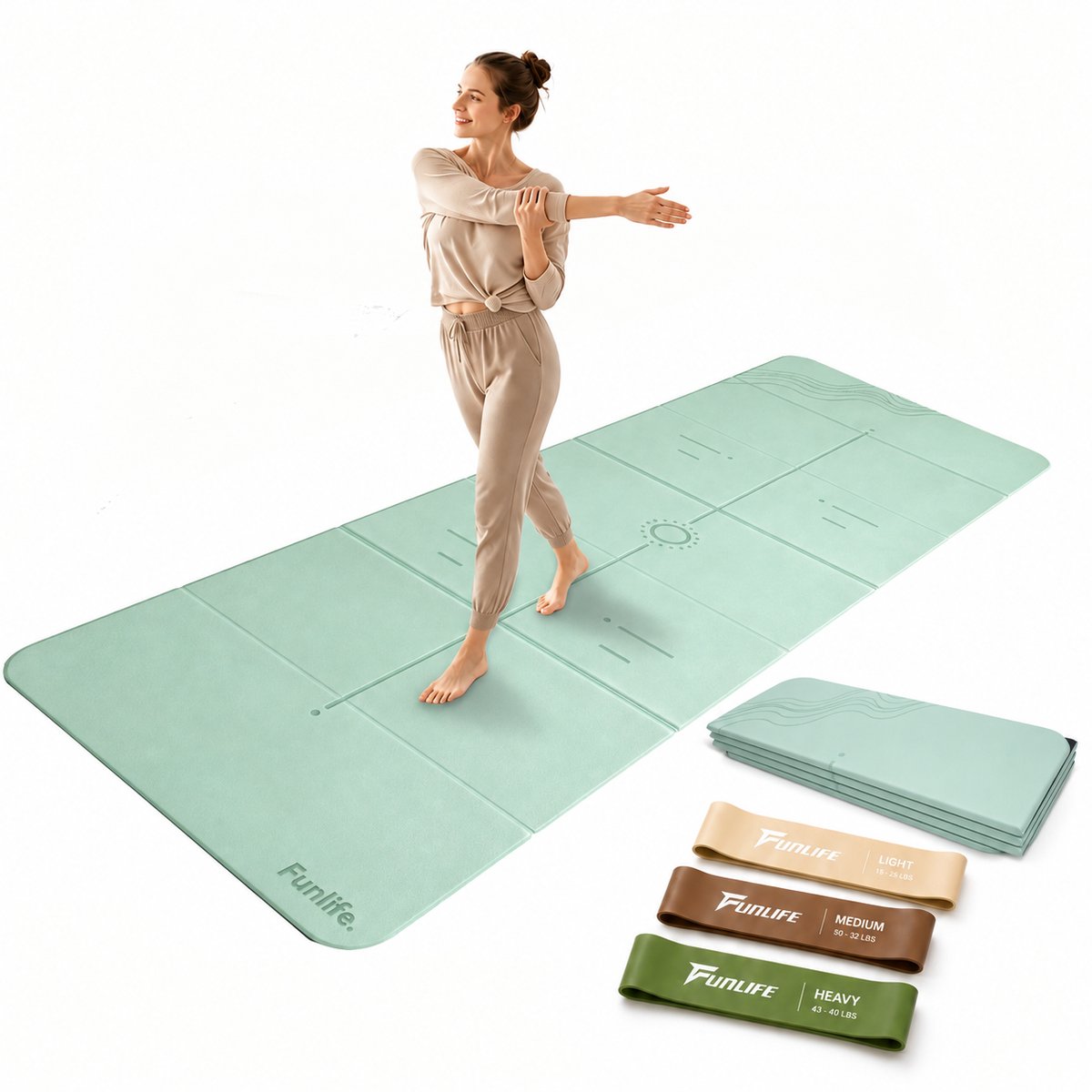 FunLife 7-delige Opvouwbare Yogamat 190 x 66 cm - 10 mm Dik - Fitnessmat met 3 Weerstandsbanden - Antislip Gymnastiekmat voor Yoga, Pilates, Stretching, Fitness en Home Workout - Lattebeige
