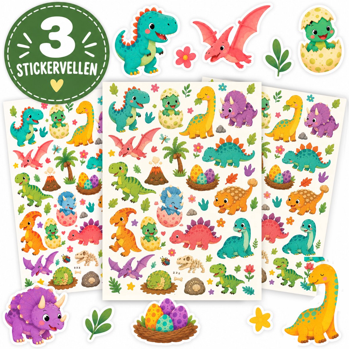 Dinosaurus Stickers - 3 Stickervellen - Stickers Kind - Dinosaurus Speelgoed