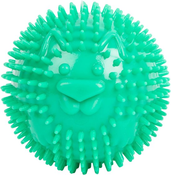 Groene stekelbal speelgoed met een gezichtje van een hond erop, gemaakt van TPR rubber.