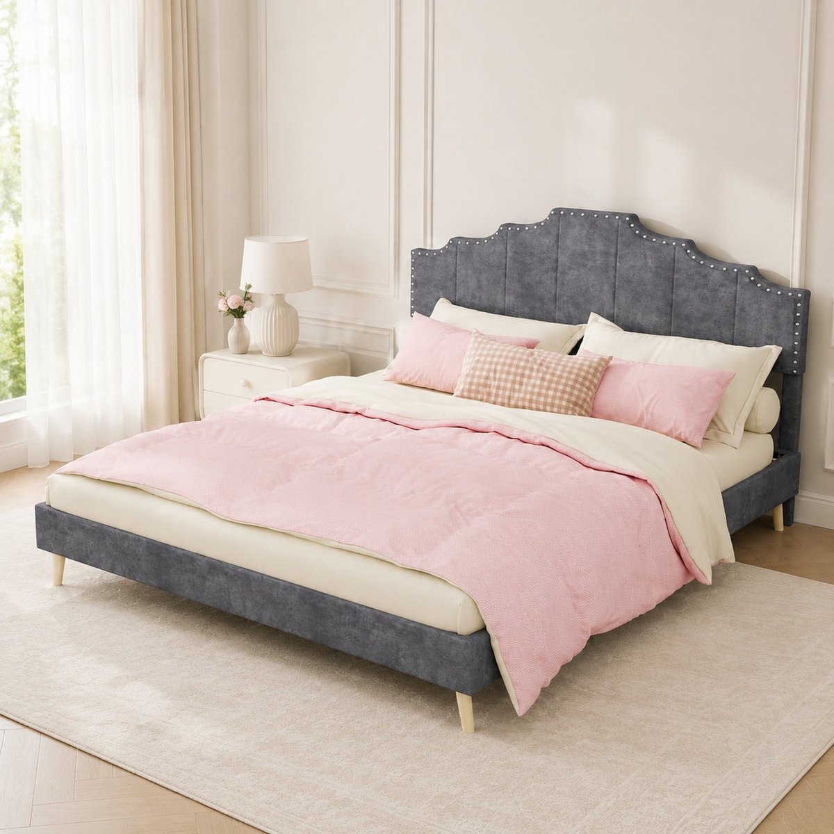 WUVRIE Bedframe 160x200 cm met gestoffeerd hoofdbord en lattenbodem, grijs