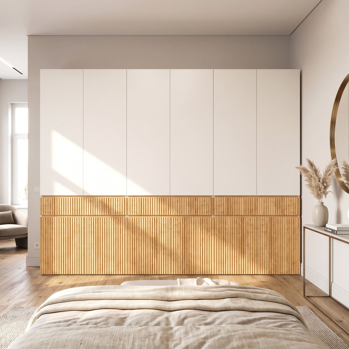 MIVRAY Kledingkast - 12 Draaideuren Met 3 Kledingroedes en 3 Laden - Voor Slaapkamer en Hal - MDF - 270x50x200 cm - Lichtgrijs Natuurlijk