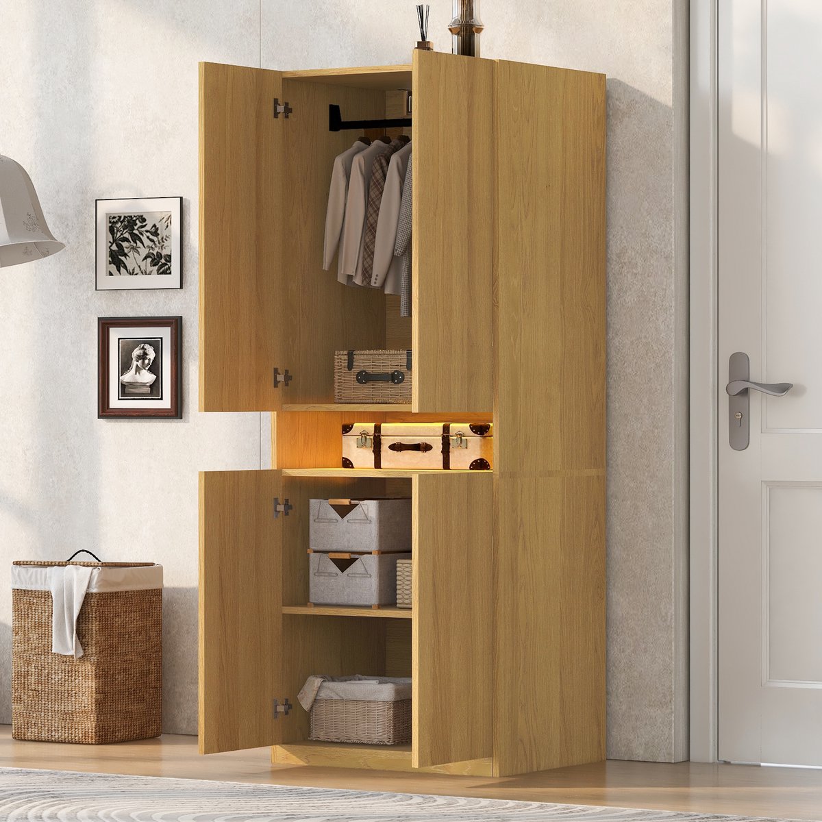MIVRAY Kledingkast - Ledverlichting En Hangruimte - Voor Slaapkamer En Kledingopslag - Metaal Hout En MDF - 70x55x180 Cm - Houtkleur