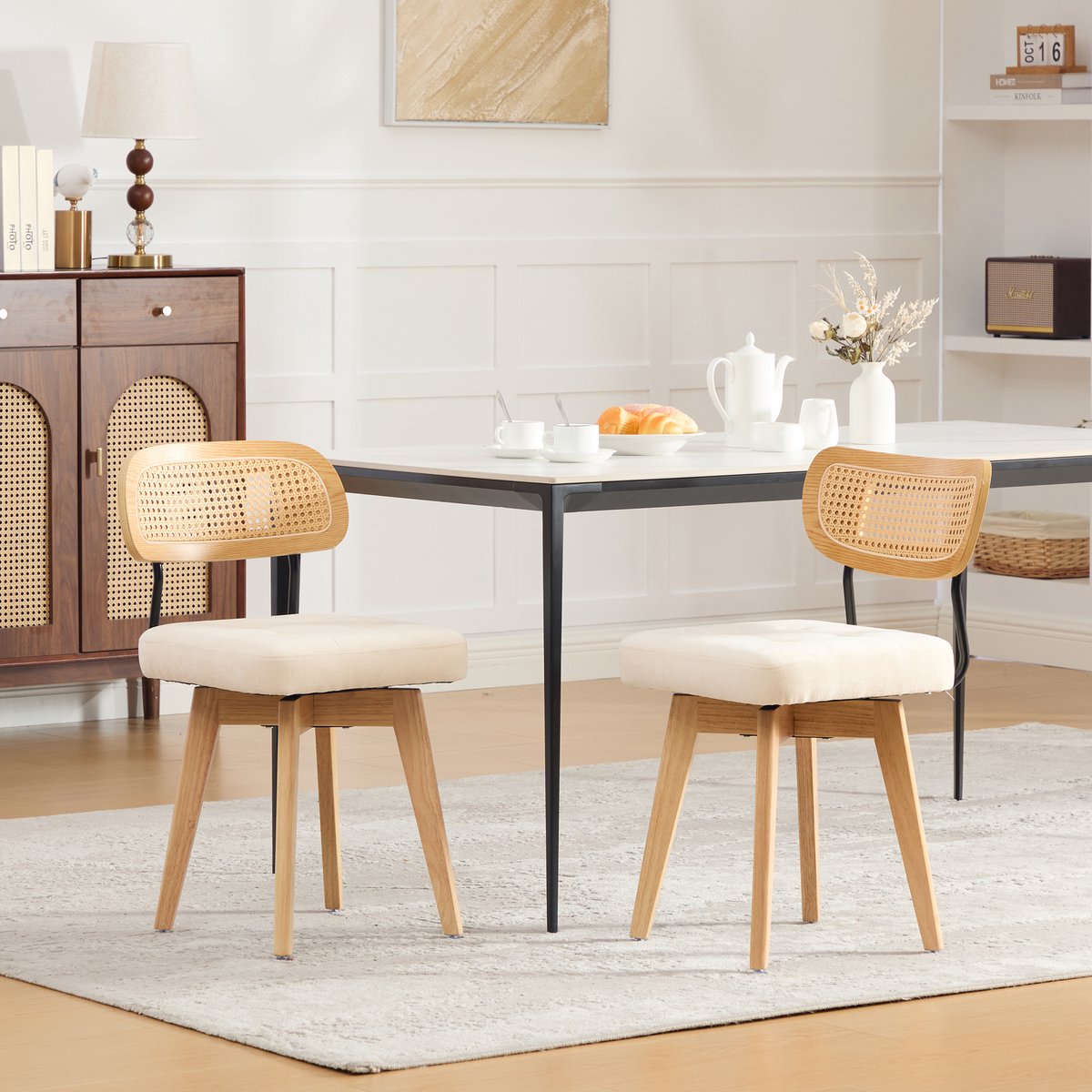 COVREO Eetkamerstoelen set van 2, draaibaar – Keukenstoelen met rotan rugleuning – Zitplaatsen voor eetkamer – 43x50x77 cm – Beige