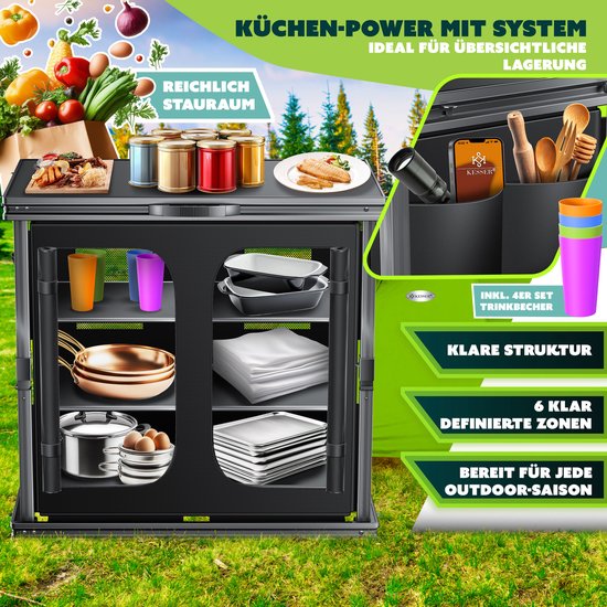 KESSER® Campingkeuken opvouwbaar - Aluminium frame met 6 vakken en vliegengaas - 84x80 cm - Zwart van KESSER — afbeelding 2