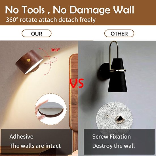 Houten wandlamp voor naast het bed - Oplaadbare nachtlamp - Draadloze wandverlichting - Geschikt voor slaapkamer, hal en gang - Papierhoutmodel — afbeelding 2