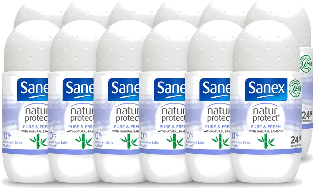 12 x Sanex Natur Protect - Deodorant Roller - Puur & Fris - Met Nattuurlijke Bamboo - 50 ml - Voordeelverpakking - 12 stuks